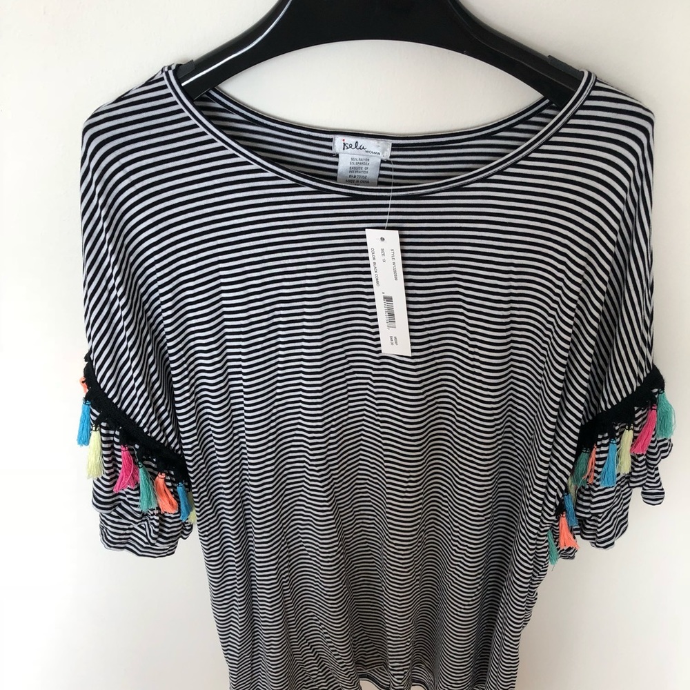 Isela Black and White Stripped Pom Pom Top - Picture 2 of 8
